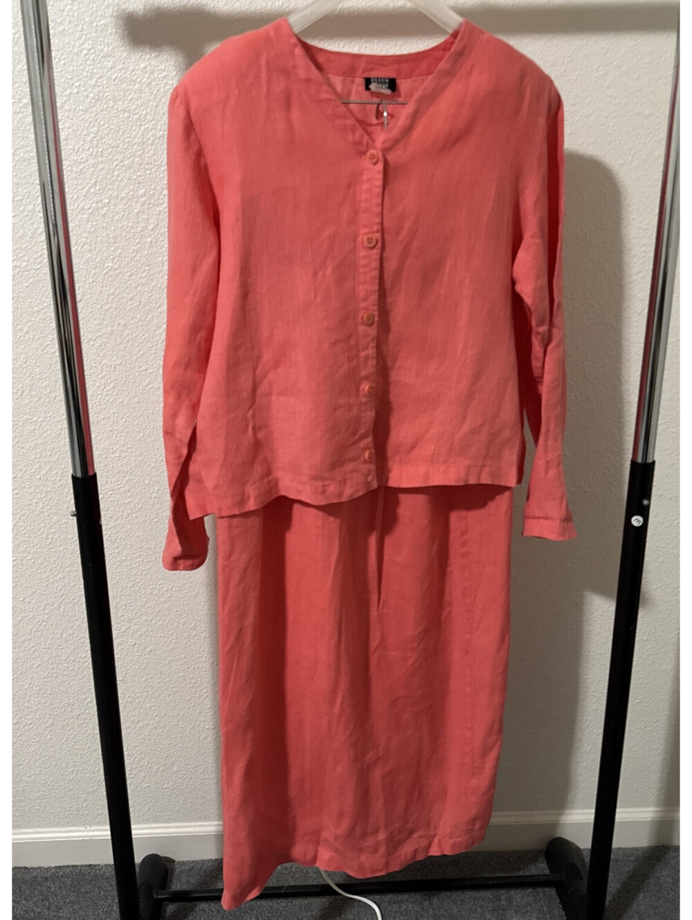 Eileen Fisher Puckered Organic Linen Wrap Coral Pink Midi Skirt Blouse Set Sz M